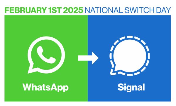 Whatsapp logo on the left with an arrow in the middle pointing to Signal logo on the right. Text above: National Switch Day on February 1, 2025.