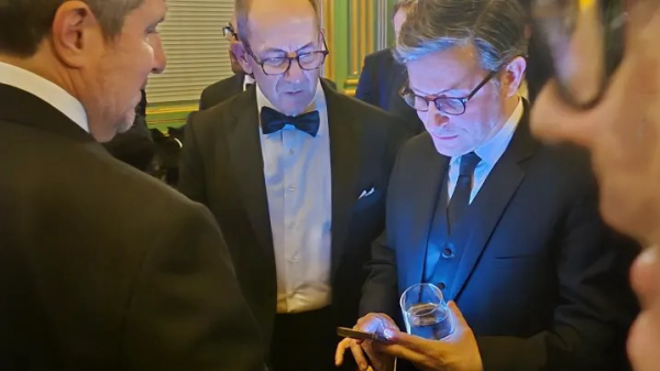 Speaker of the House, Mike Johnson, with Mara CEO Fred Thiel. Johnson seen texting President Donald Trump a photo of the Trump47 bitcoin block minted by Mara earlier that day.