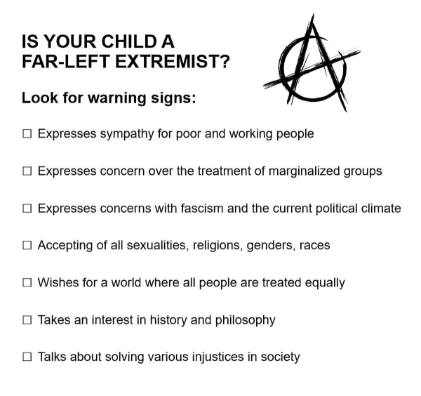 Expresses sympathy for poor and working people 

Expresses concern over the treatment of marginalized groups 

Expresses concerns with fascism and the current political climate 

Accepting of all sexualities, religions, genders, races 

Wishes for a world where all people are treated equally 

Takes an interest in history and philosophy

Talks about solving various injustices in society 