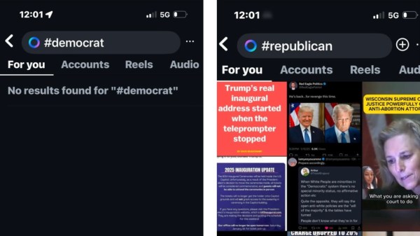 A search for #democrat turns up zero results. A search #Republican shows many results. According to the clock in the corner, these photos were taken at 12:01 AM on Jan 21st, 2025.