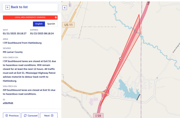 Triangle alerting area for I59 Hattieburg 