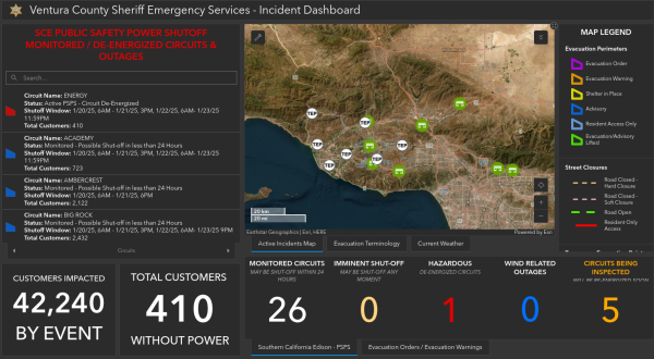 410 customers without power only, 1 de-energized circuit, 5 being inspected.